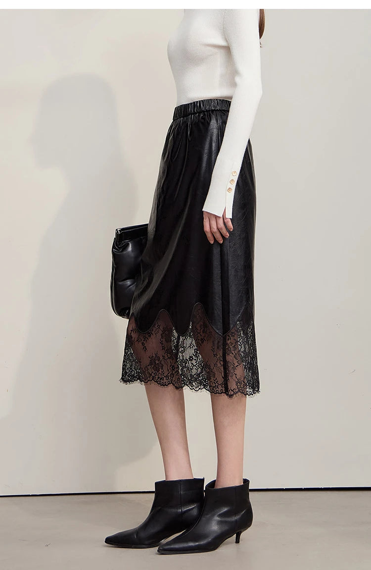 AMII Women's Skirt 2025 Autumn New Minimalist Versatile Clothing Ladies Leather Splicing Lace Solid A-line Midi Skirt 12543095