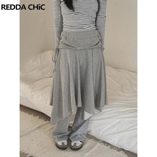 REDDACHiC Lounge Wrap Sweat Pants Gray Trendy Elastic Waist Ruffle Skirt Overlay Wide Leg Trousers New In Korean Woman Clothing