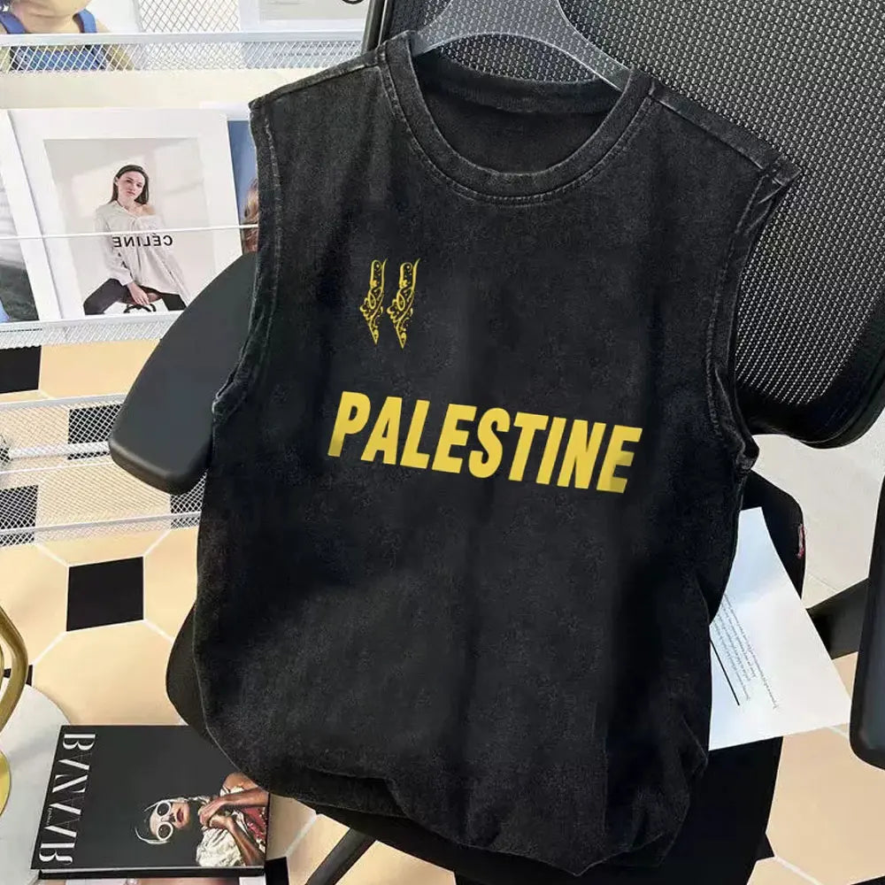 Palestine Heart Scribble Graphic T-Shirt Mens Tank Tops Gym Clothing Vintage Washed Women Y2k Clothes Oversized Sleeveless Vest