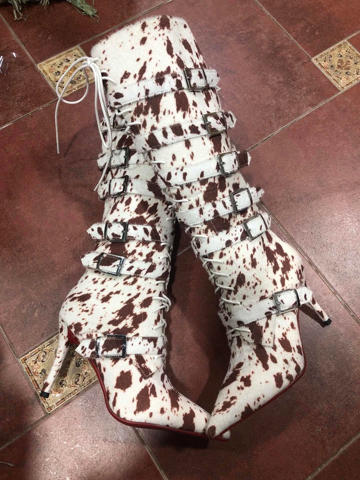 Autumn/winter New Women's Fashion Horsehair Metal Belt Buckle Lace-Up Knee-High Boots Stiletto Pointed High-Top Knight Boots