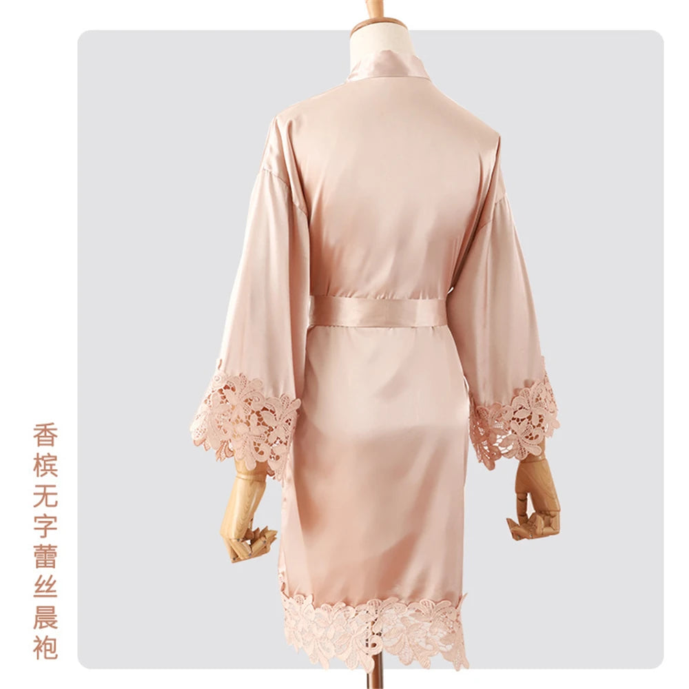 Wedding Embroidery Bride Bridesmaid Kimono Dresses Lace Gown Sexy Women Robes Home Gown Bathrobe Short Night Shirts Sleepwear1PC