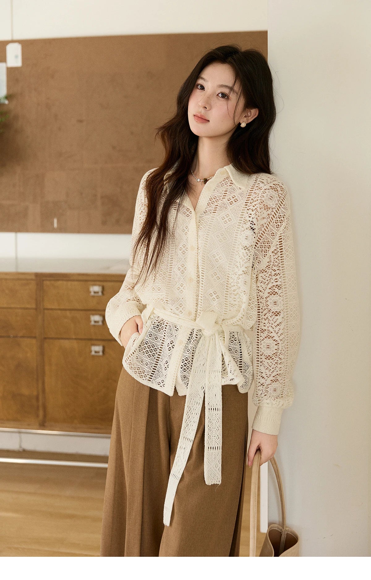 MISHOW Women's Hollow-out Lace Shirt Camisole Set 2026 Spring Lapel Drawstring Waist Sheer Casual Two-Piece Knitwear MXF108C0816