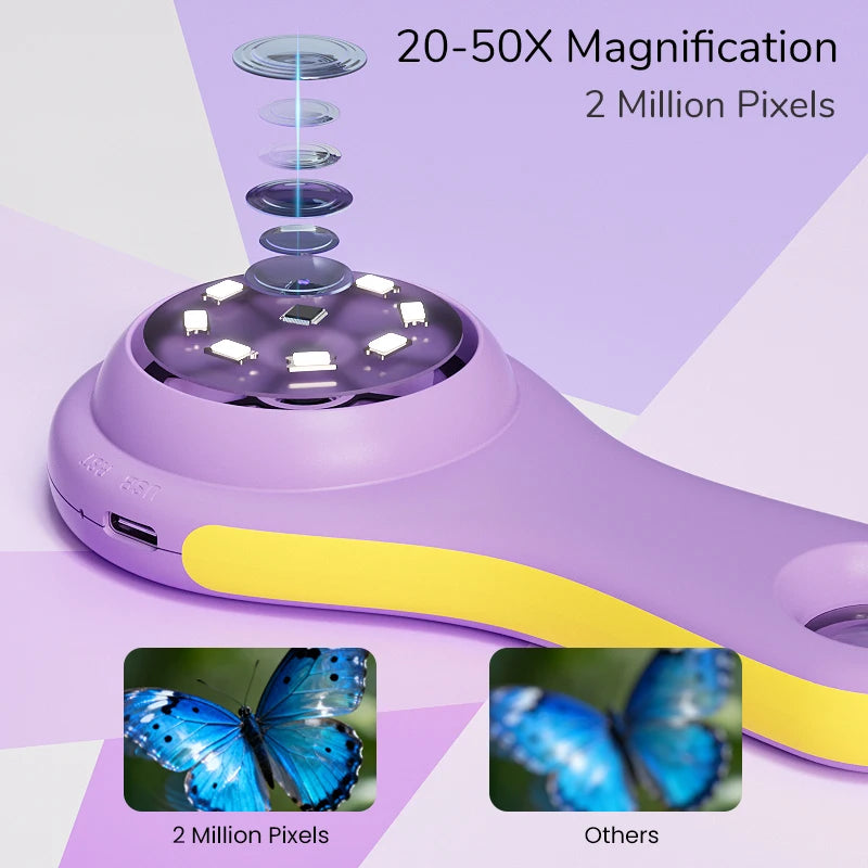Digital Magnifier 2.0'' IPS Screen 2.0MP Purple Handheld Video Microscope Camera 50X Magnification 8LEDs With Magnifying Glass