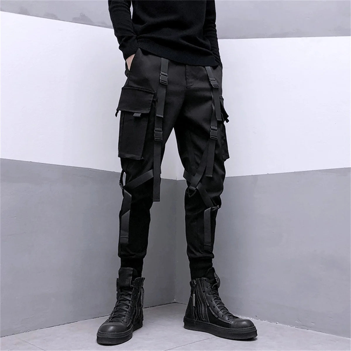 Black Cargo Pants Hip Hop Joggers Men Loose Harem Pants Multi-pocket Ribbon Men's Pants Trousers Streetwear Sport Pants for Men