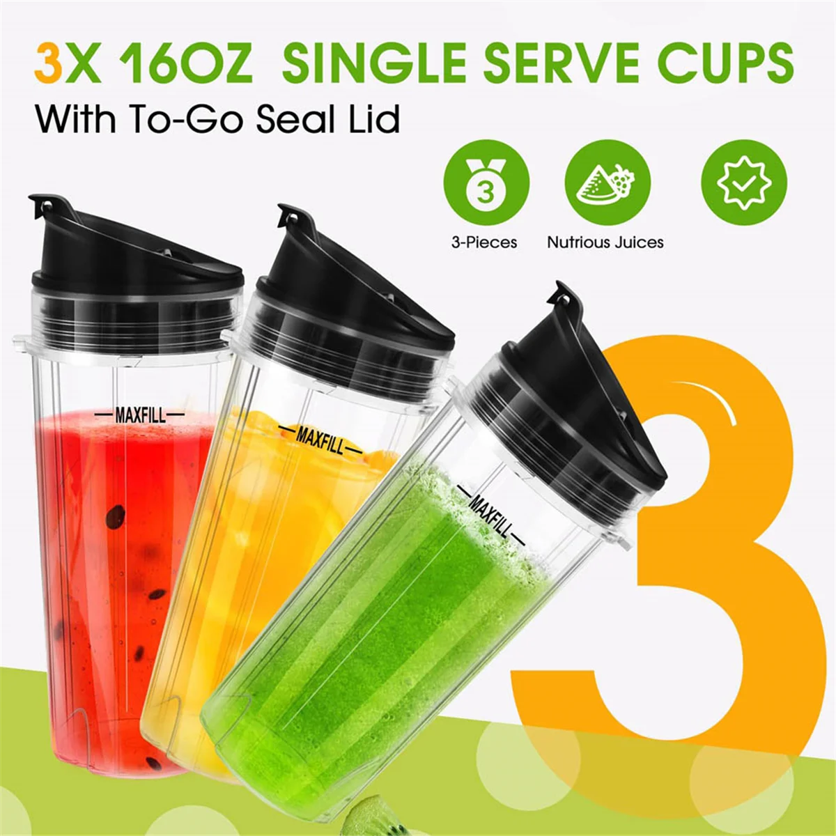 Blender Replacement Parts for Ninja, 3 Pack 16oz Ninja Blender Cups Replacement with To-Go Lids for Nutri Ninja QB3001SS