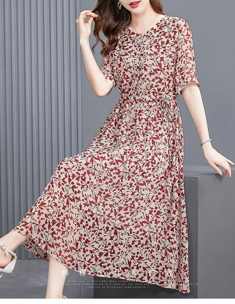 Women's Mulberry Silk Midi Dress V-Neck Three-Quarter Sleeve Red Floral Print Waist Tie Elegant Silk Summer Dress For Mature