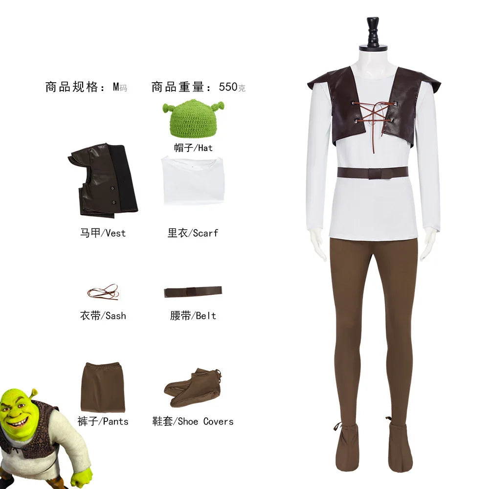 Shrek Cosplay Costumes Green Hat Shrek Top Leather Vest Pants for Men Performance Role Play Halloween Carnival Party Outfits