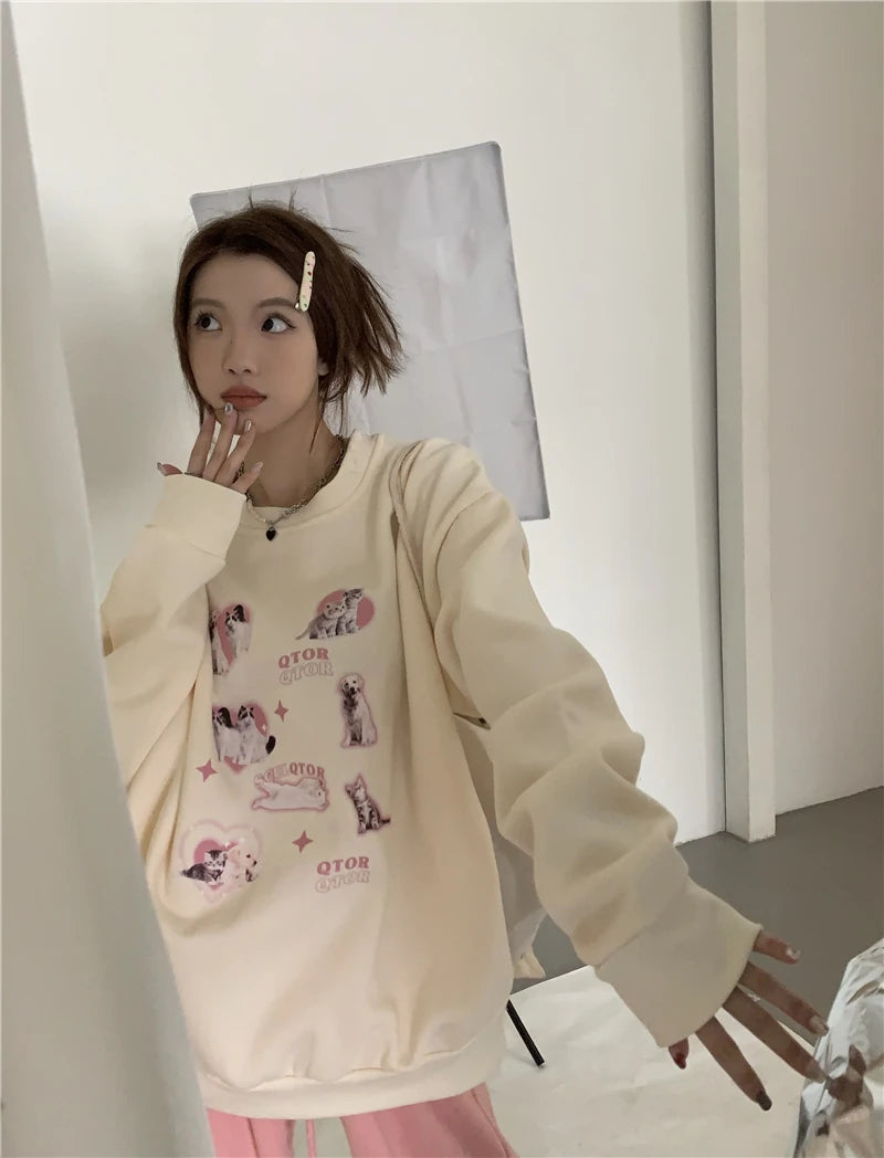 KOSAHIKI Cute Hoodies Women Letter Dog Print Sudaderas Mujer O-neck Sweatshirt Harajuku Streetwear Y2k Pullover Moletom Feminino