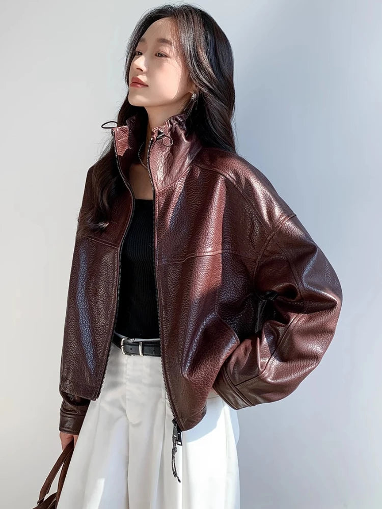 Vintage Genuine Leather Cropped Jackets for Women Spring Autumn 2025 New High-end Simple Stand Collar Bubble Real Sheepskin Coat