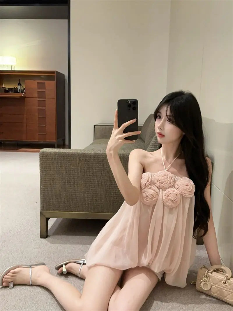 Summer Floral Strapless Tube Top Elegant Blouse Tank Lady Top Y2k Top Cute Fashion Corset Top Mesh Top Sexy Chic Tank Top Women