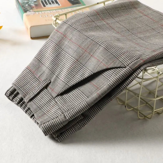 Office Lady Slim Woman Clothing Plaid Suits Pants Spring Autumn New Korean Fashion Vintage High Waist Straight Casual Trousers