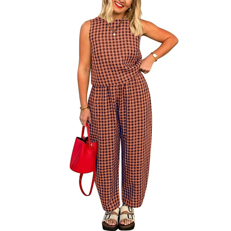 Fashion Women's Pants Set Printed Plaid Sleeveless 2025 Spring Summer Relaxed Vest Nine Point Pants Home Wear Female 2 Piece Set