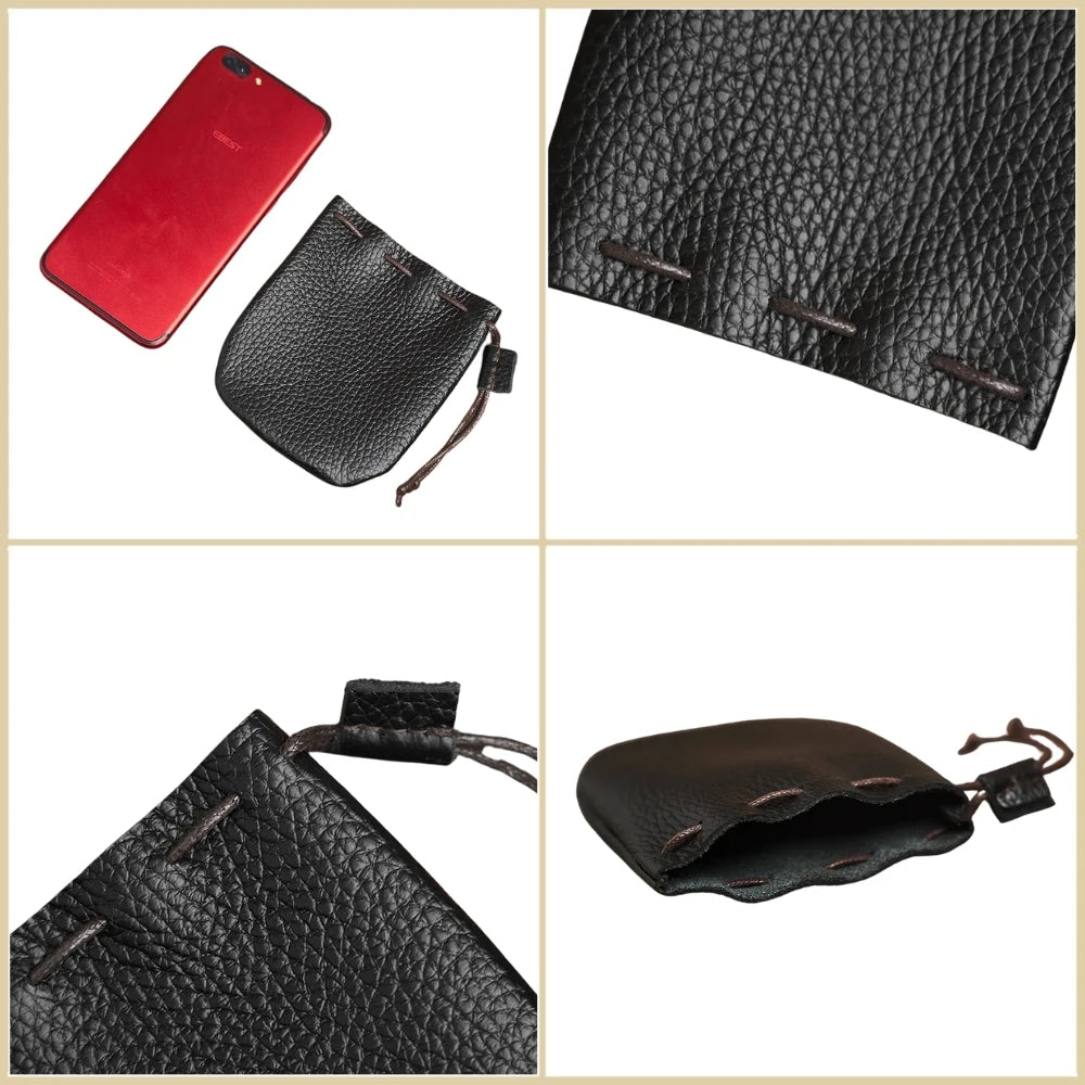 Genuine Leather Coin Purse Men Women Vintage Small Coin Wallet Hard Leather Money Pocket Drawstring Storage Bag