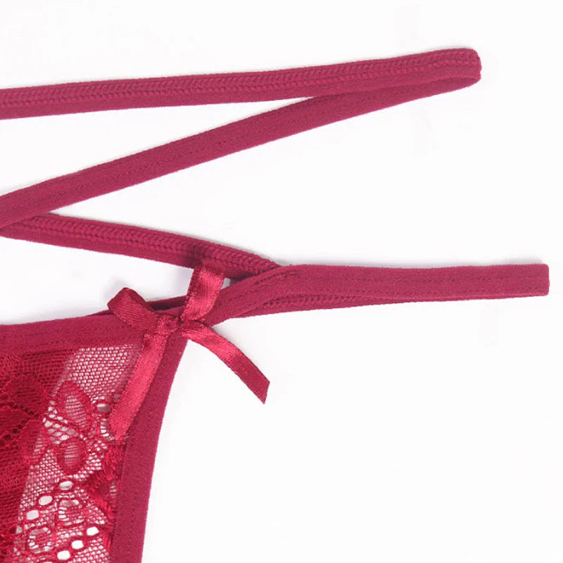 Thongs Women Hollow Out Lace G-string Lingerie Semi-Sheer Low Rise Ladies Perspective Bow Knickers