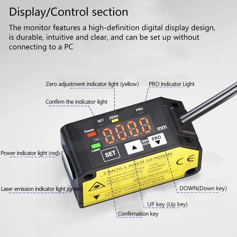 The laser displacement sensor features high-precision distance measurement and thickness detection, with rs485 switch analog out