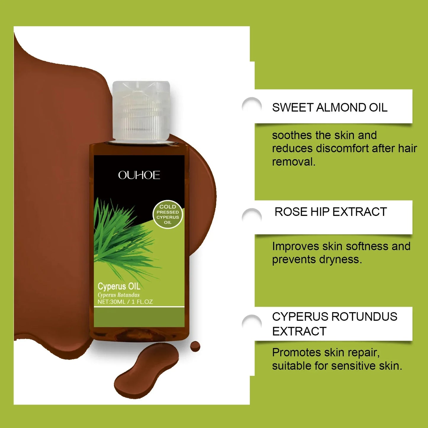 Pure Cyperus Rotundus Essential Oil Moisturizing Nourishing Reduce Redness Smoothing Repair Legs Arms Body Hair Removal Care Oil