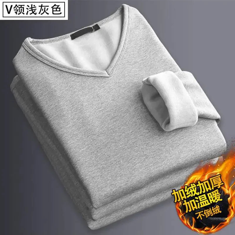 Thermal Underwear Shirt Men V Neck Fleece Sport Tops Autumn Thermo Clothing Comfortable Warm Long-Sleeved 5XL