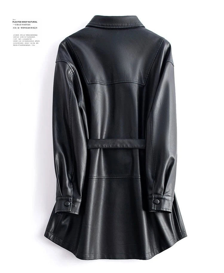 Women's Sheepskin Coat 2024 Autumn New Real Split Sheep Leather Ladies Mid-length Single-Breasted Belt Casual Jacket Outwear