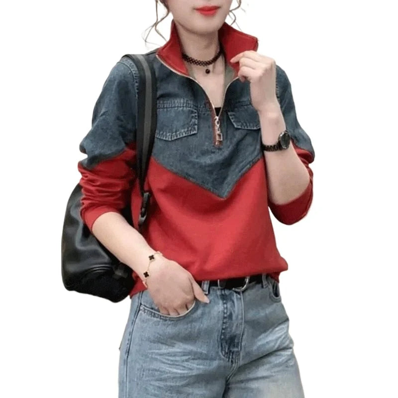 Women's Spring New Casual Half Zipper Denim Splicing Korean Version Loose Everything Shirt Contrast Color Stand Collar T-Shirts