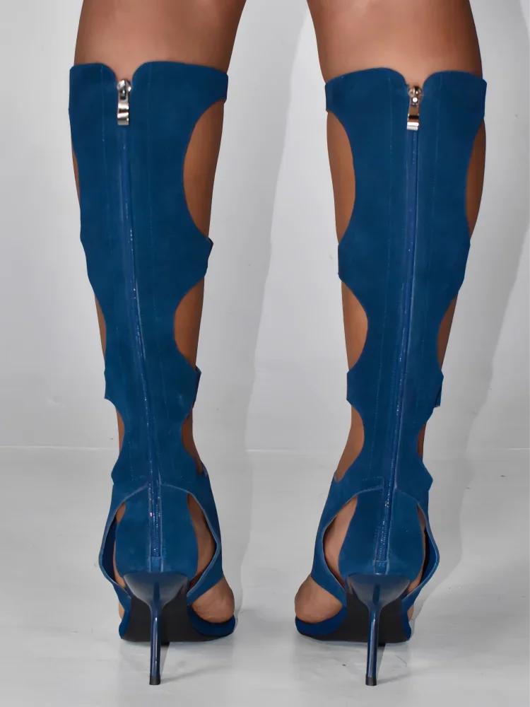 2025Women's SummerLeather Stiletto High Heels Hollow Knee Cool Boots European and American Horse Hair Fashion Show Shoes