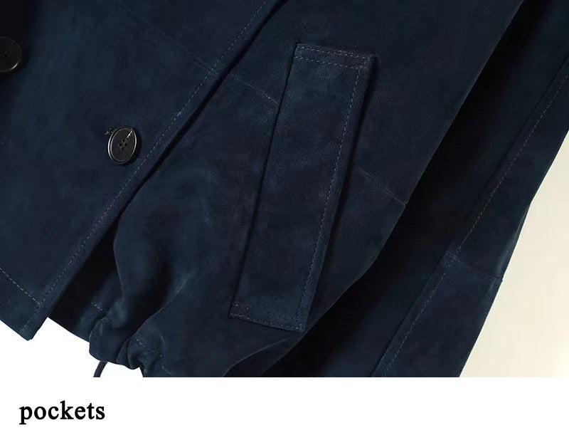 Kid Suede Leather Jacket for Women Branded New 2025 Old Money Double Breasted Short  Jacket Femme Big Lapel Epaulet Trench Coat