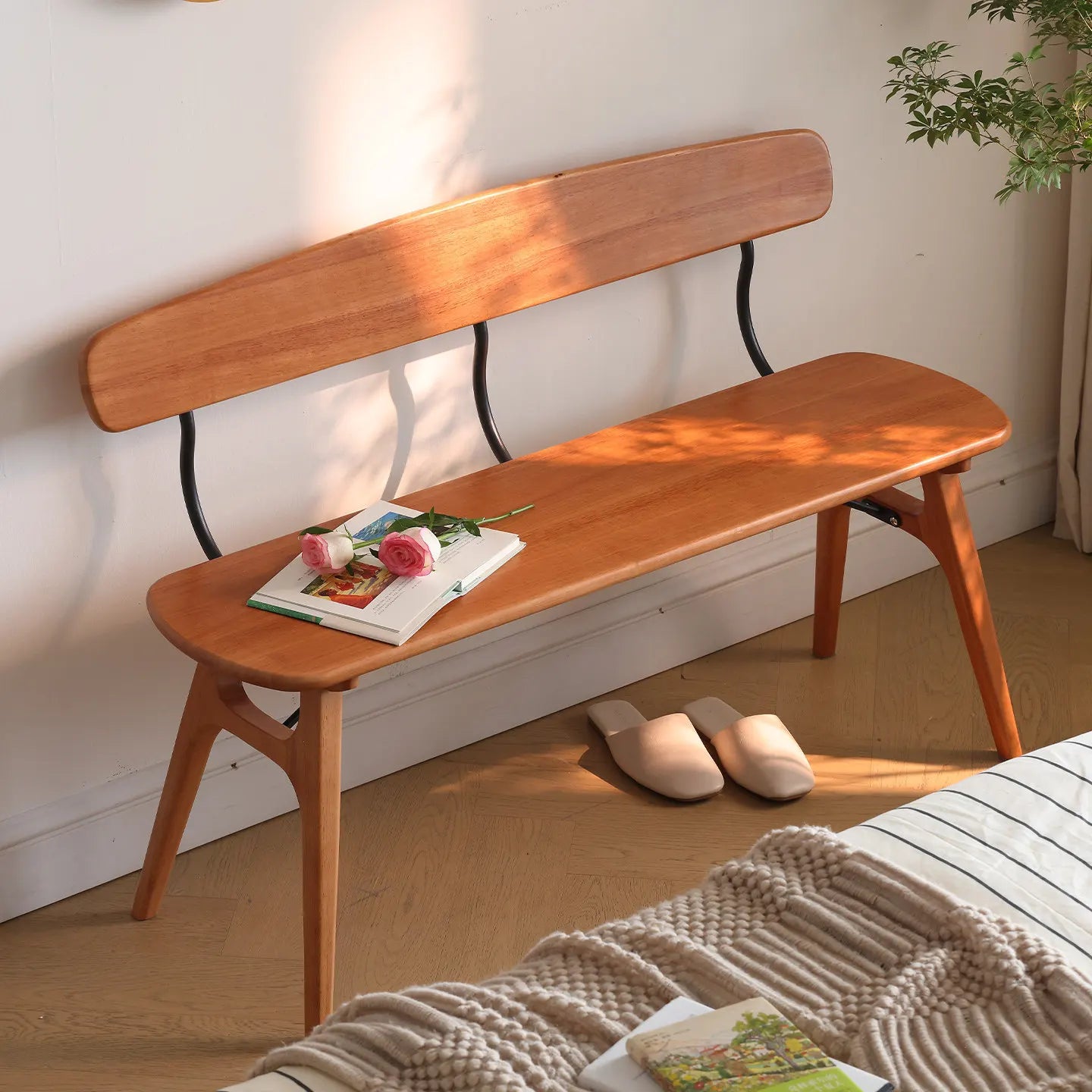 Medieval style solid wood bench small apartment simple household dining table living room backrest bedside porch shoe change cha