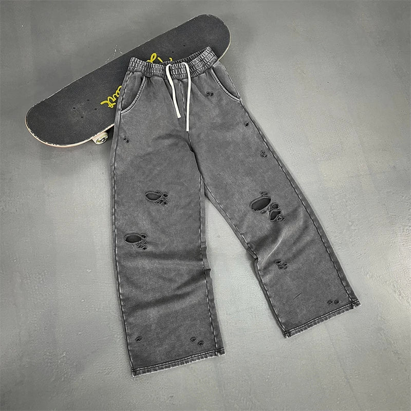 2025 Autumn/Winter Acid Wash Sweat Pants Athletic Joggers Hip Hop Raw Edges Cut Crush Distressed Frayed Wide Leg Sweatpants