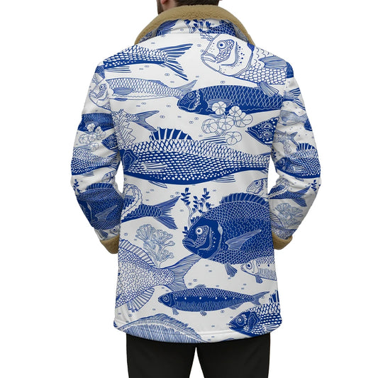 Winter Aesthetic Jacket Marine Life Print Long Coats Whale Turtle Jellyfish Pattern Faux Fur Collar Unisex Coastal Style