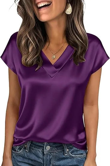Women's Summer New T-shirt Casual V-Neck Short Sleeve Blouse Business Casual Tops Satins Silk Summer Shirt Work Solid Color Tops