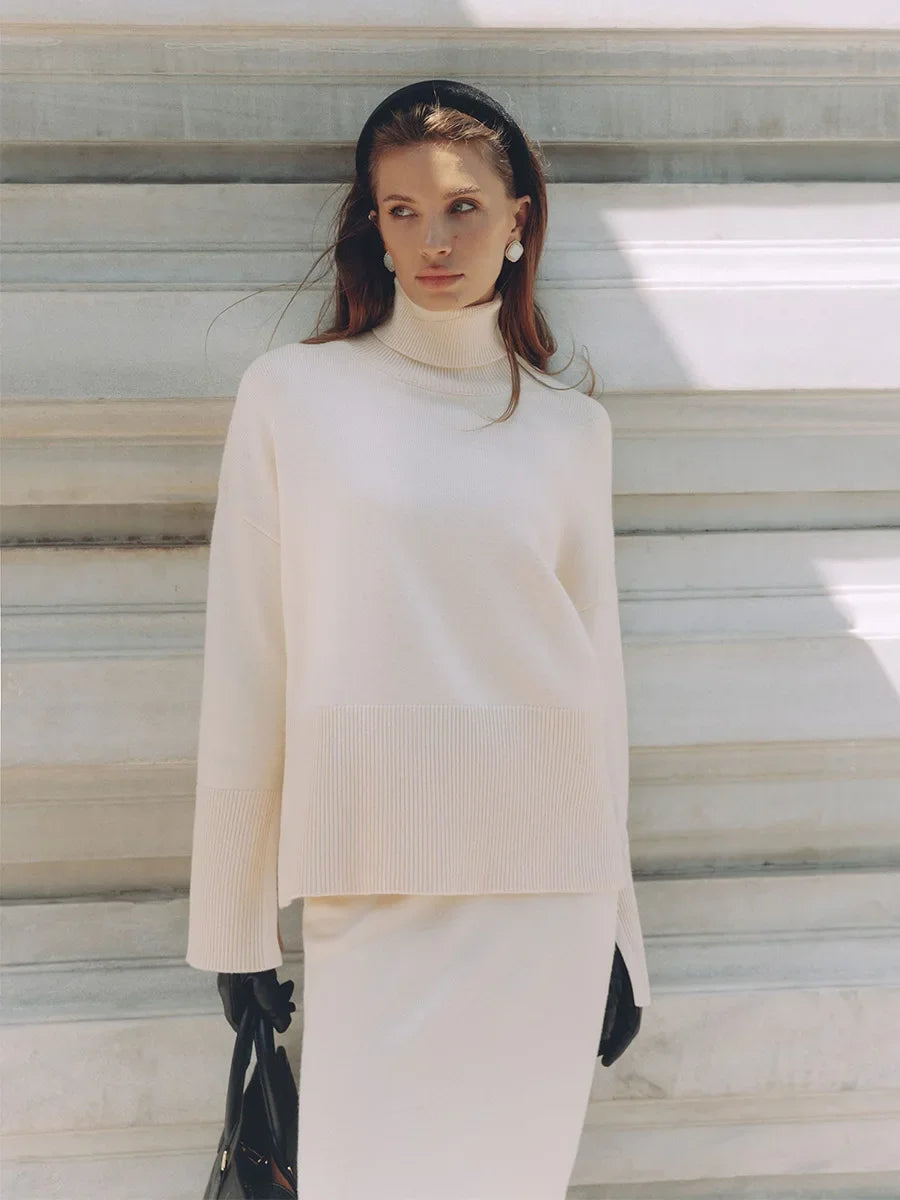 Wolfeel Winter New Thick Women's 2 Pieces Knitted Skirt Suits Soft Turtleneck Sweater Wide Skirt Knitted Outfit Stylish Warm