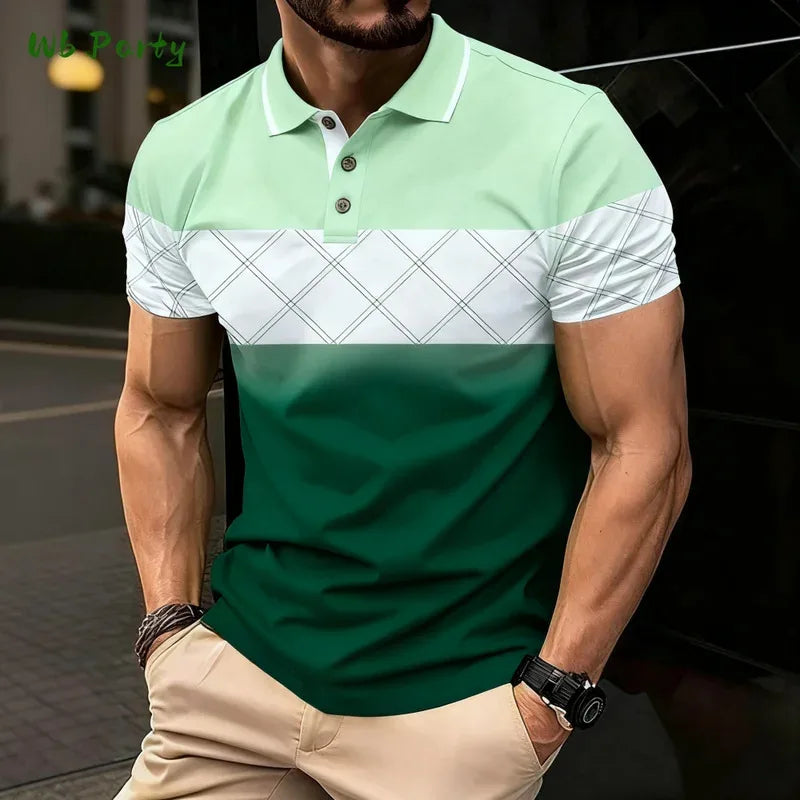 Summer men's polo men's casual short-sleeved polo shirt with striped color block design, sporty polo style collar polo shirt for