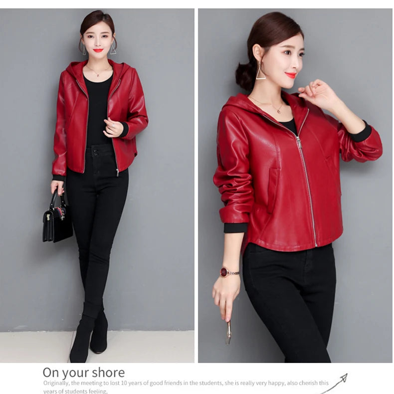 New Women Casual Leather Jacket Spring Autumn Fashion Hooded Zipper Split Leather Loose Outerwear Short Sheepskin Tops Coat