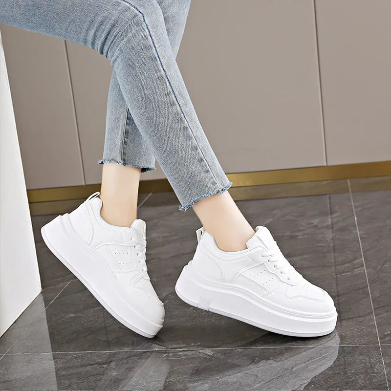 Women's Casual Sports Shoes Thick Bottom Low Tops Lace Up Vulcanised Shoes Lightweight Rubber Soled Winter Season Adult Footwear