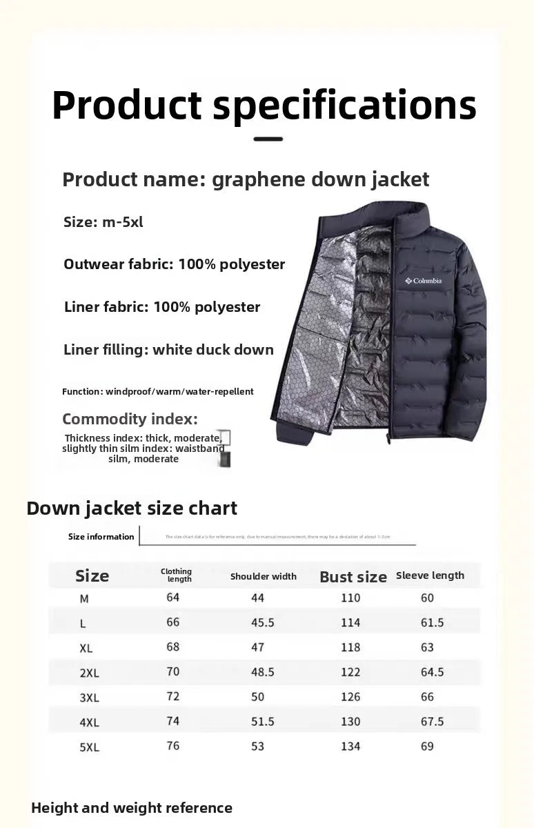 Men's Lightweight Padded Jacket Graphene White Duck down Thickened Warm Cold Resistant Casual Outerwear Outdoor Sports Coat