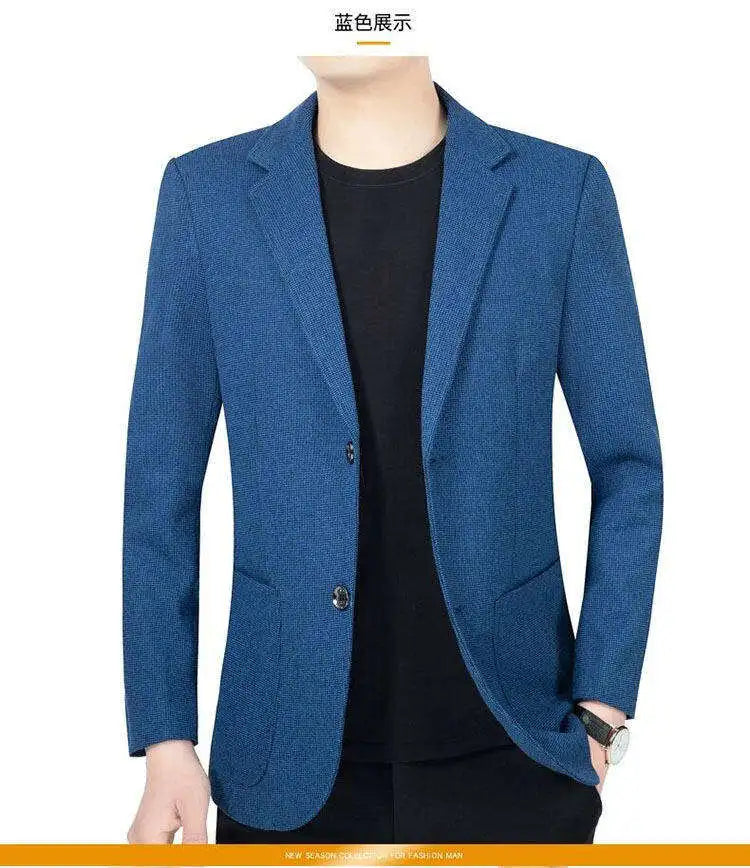 Men's woolen suit spring and autumn jacket is fashionable, cool and versatile. It is a solid-color checkered flat lapel short to