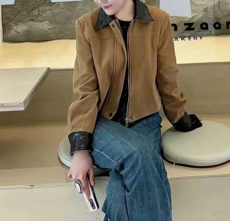 European Imported Suede Jacket Women 2025 Autumn Winter Branded New Contrasting Leather Coat Navy Blue Short Locomotive Casacos