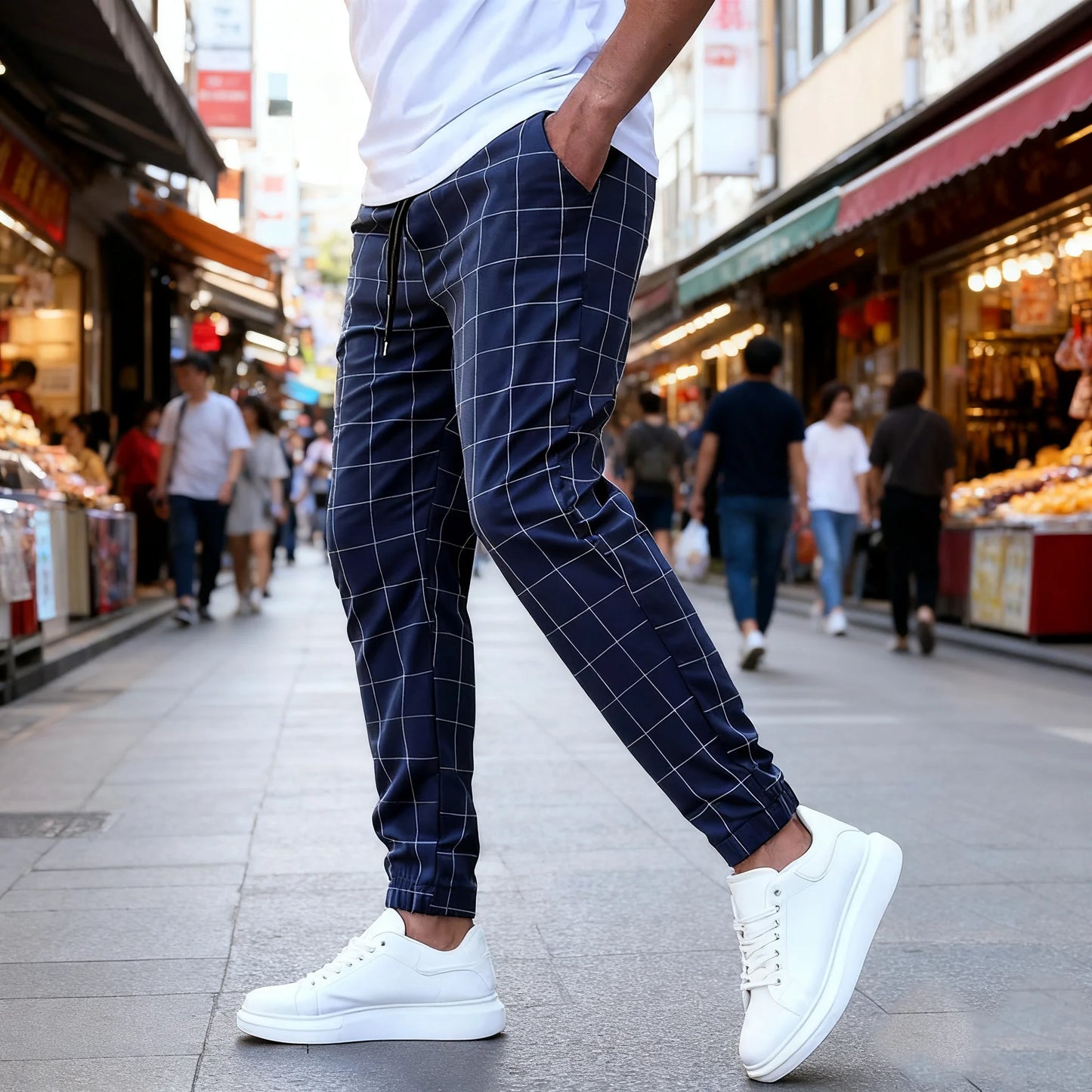 Men's pants 2025 spring and autumn new thin plaid casual pants, casual elastic casual slim fit sports pants