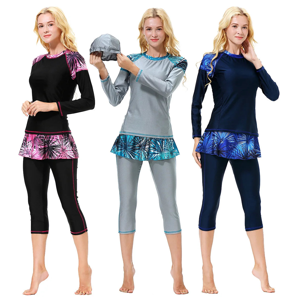 Elegant Islamic Women Swimsuits Long Sleeved Bodysuits+skirt+hat 3pcs Bathing Swimming Suit Muslim Sexy Girls Beachwear S-xxxl