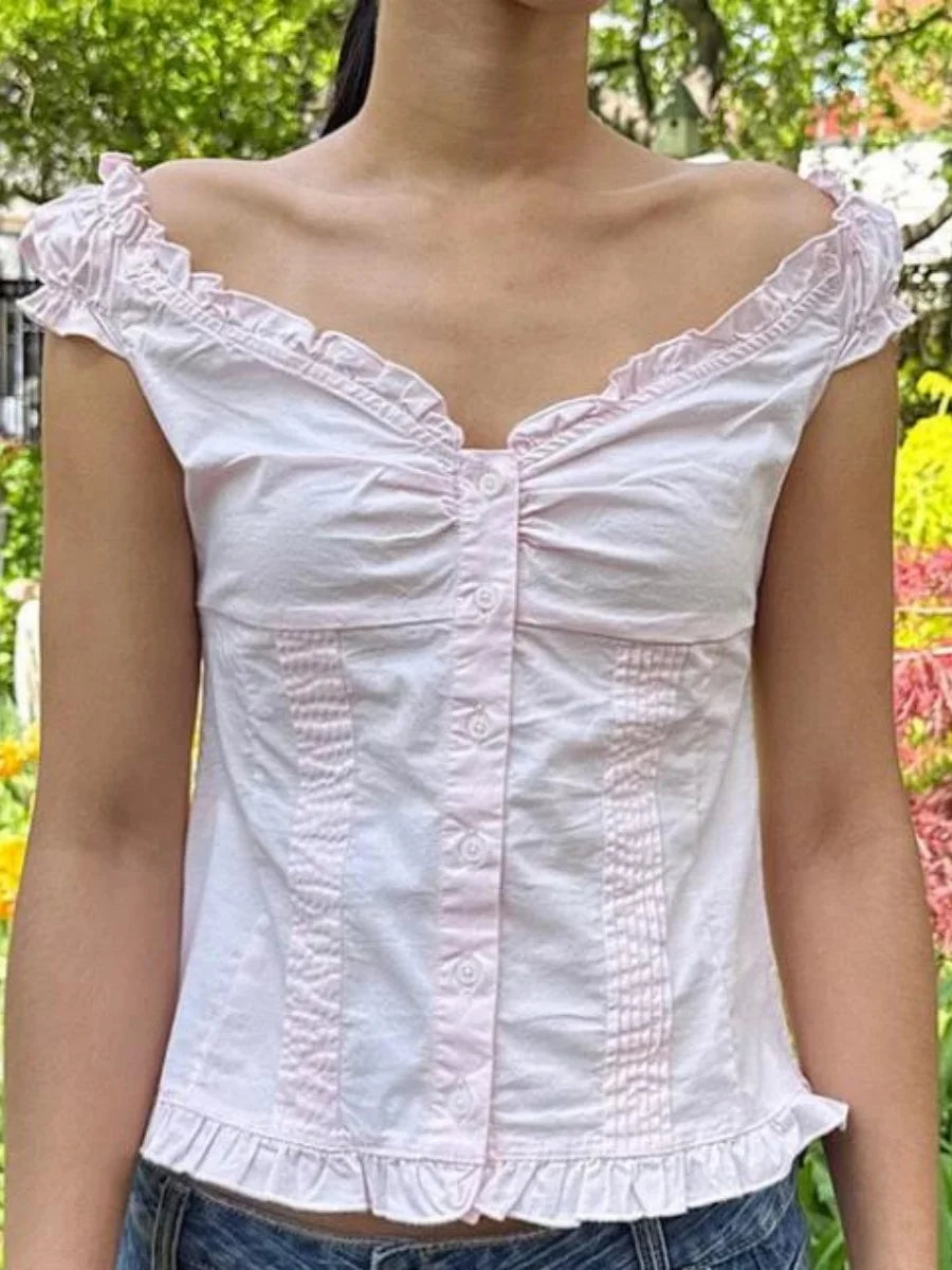 Women Summer Y2K Babydoll Crop Top Fairy Grunge Button Up Shirt Cap Sleeve Slim Fit Ruffle Hem Coquette Top