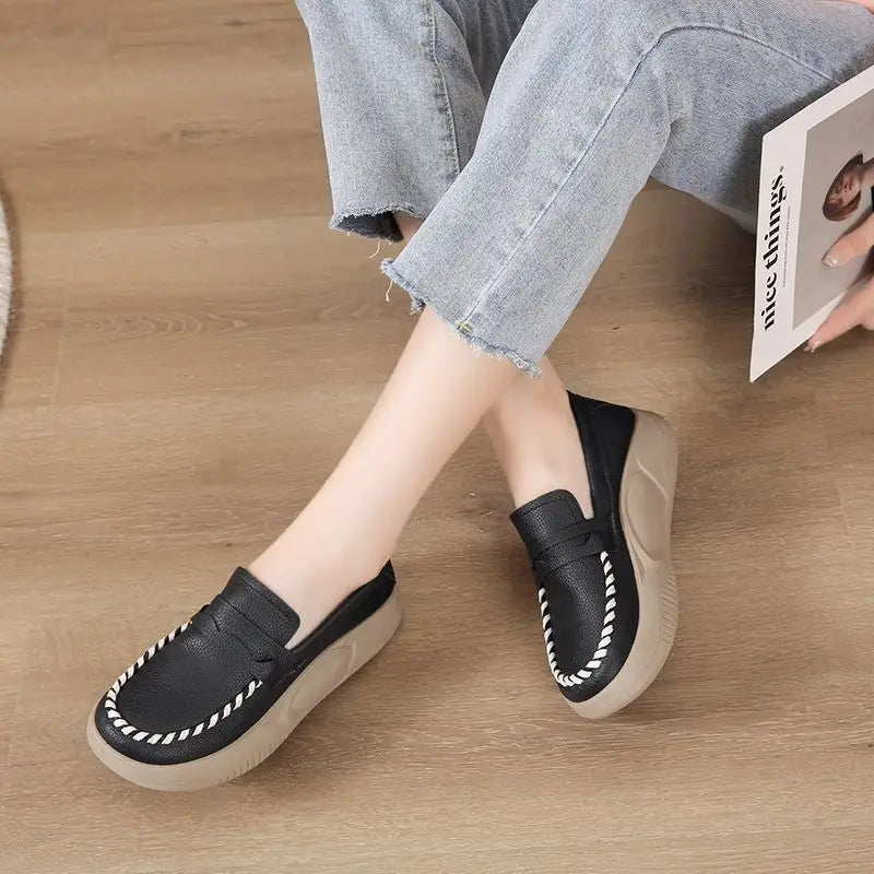 Woman Footwear Low Leather High on Platform Shoes for Women Loafers White Casual Daily Routine Autumn Offer Korean Fashion 2025