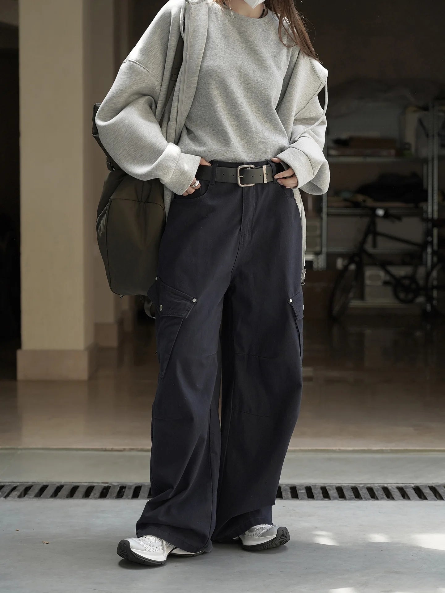 Retro and trendy waistband, workwear, large pocket, casual pants, three-dimensional and stylish pants for women