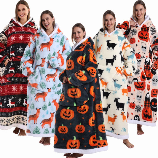 Extra Long Women Halloween Blankets with Sleeves Winter Plush Fleece Homewear Christmas Pajamas Adult Warm Oversized Hoodies