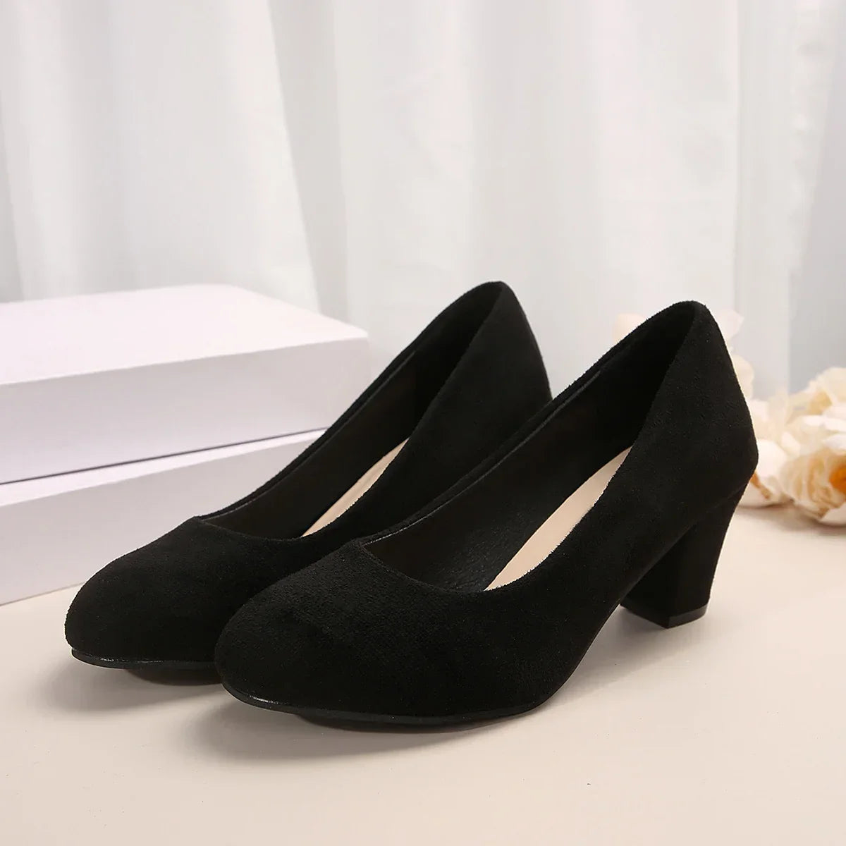 Autumn Single Shoes Women's Fashion New Round Toe Shallow Suede Cover Foot Non-slip Wear-resistant High Heels