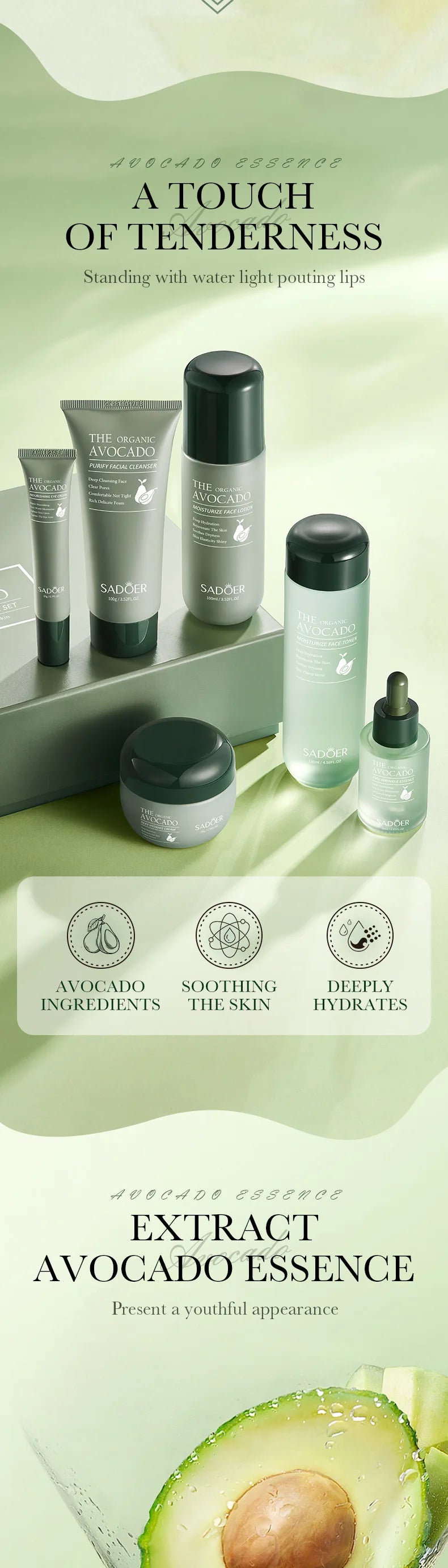 Avocado Skin Care Product Set, Six-Piece Set for Cleansing, Hydrating, and Moisturizing, Deeply Cleans Skin Impurities and Cosmetic Residue, Cleans Pores and Purifies the Skin. Reduces Fine Lines Around the Eyes, Provides Del