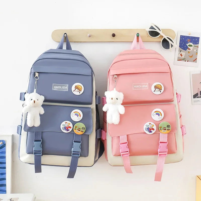 5PCS Kit Backpack Female Fashion Lady High Capacity Waterproof College Trendy Girls Laptop School Bags Cute Girl Travel Book Bag