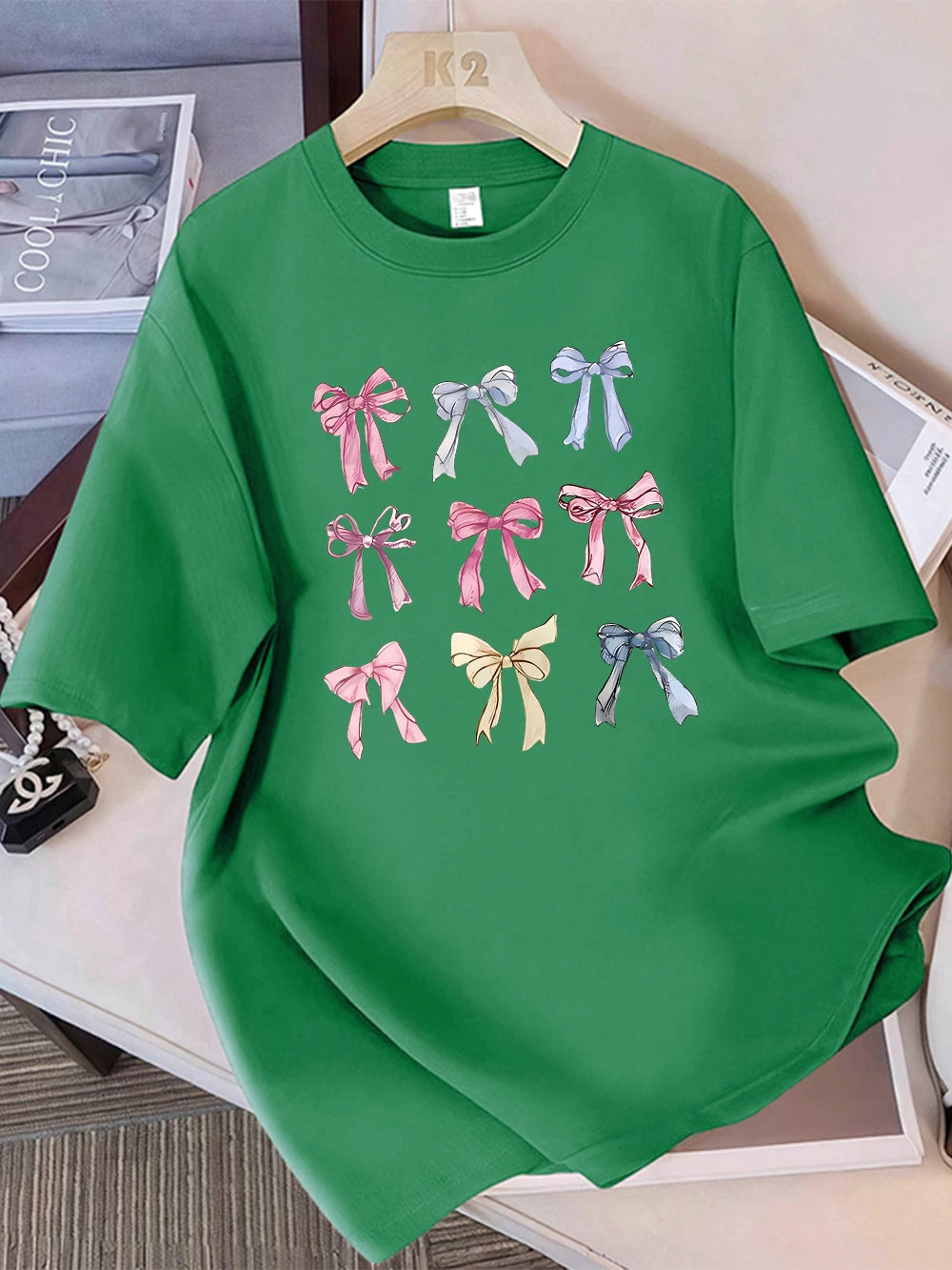 Summer T-Shirts Cotton Womens Colorful Bow Tie Printing Short Sleeve Comfortable Soft O-Neck Tops Holiday Casual Womans Clothes