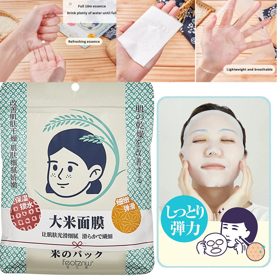 5pcsSkin Care Moisturize Facial Mask Rice Raw Pulp Essence Shrink Pores Oil-Control Anti-Aging Whiten Korean Cosmetics Face Care
