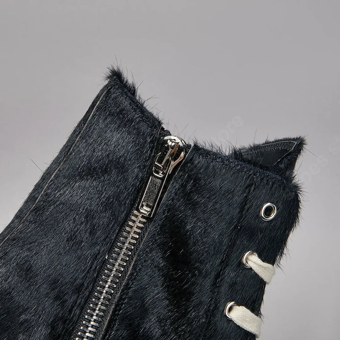 R-o Classic Men Shoe Black Horse Hair Boots Women Shoes High Top Sneaker Black Horsehair Ankle Boot Zipper Outside Sneakers