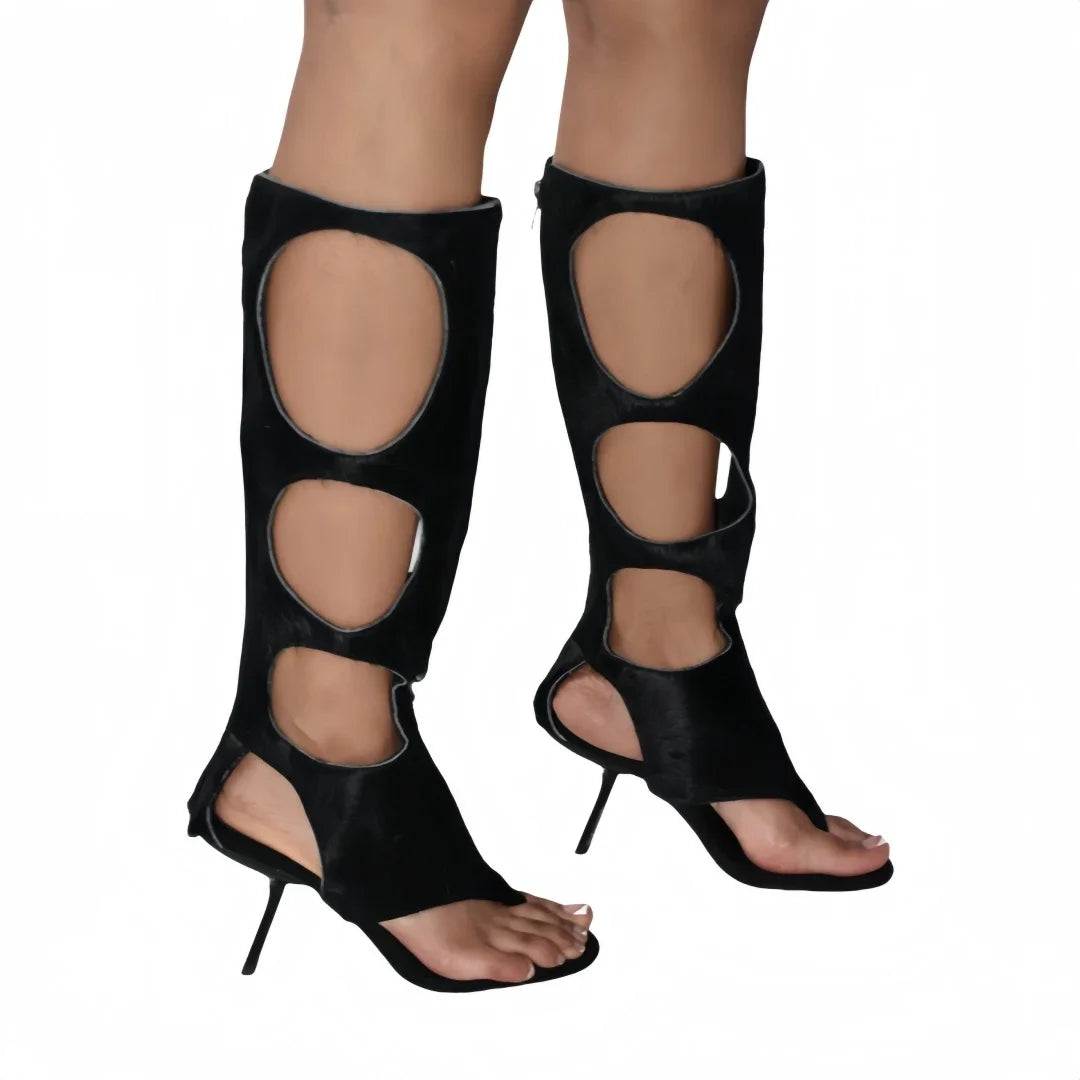 2025 New Luxury Women's Knee-High Boots | Real Horsehair Cut-Out Stiletto Heel & Rear Zipper | Evening Party Club Dress Shoes