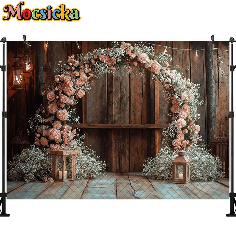 Wedding Theme Photography Background Round Wreath Wooden Wall Decoration Couple Wedding Scene Supplies Backdrop Studio Props